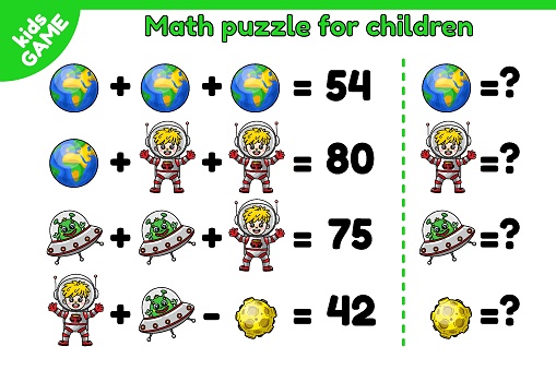 Math space kids game. Educational puzzle for preschool and school children. Counting worksheet. Mathematical example for training count skills. Cartoon planet Earth, Moon, astronaut, alien. Vector.