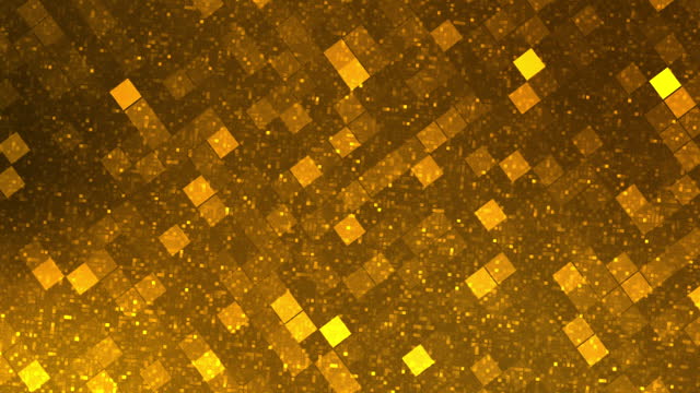 Abstract square background golden yellow. 3d motion. Pixelated background randomly changing the colours of pixels and squares in different shades of golden.