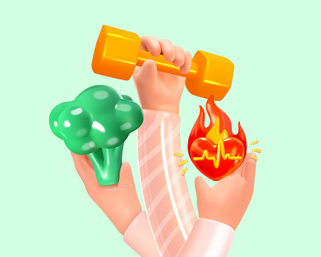 Healthy lifestyle. Sports, cardio, proper nutrition and training. Dumbbell, broccoli and heart with pulse in hands. In 3D style. Vector illustration.