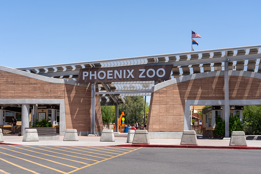 The entrance to Phoenix Zoo in Phoenix, Arizona, USA, on May 26, 2023. The Phoenix Zoo is one of the largest non-profit zoos in the United States.