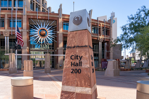 Phoenix City Hall in Phoenix, Arizona, USA, on May 26, 2023. Phoenix City Hall is the center of government for the city.