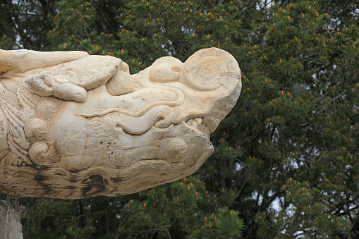 The dragon head sculpture is in a temple, Beijing