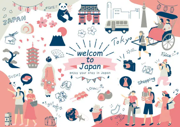 Vector illustration of illustration set of foreigners enjoying Japan tourism