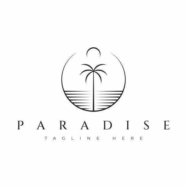 ilustraciones, imágenes clip art, dibujos animados e iconos de stock de palm beach puesta del sol tópica isla ilustración abstracta círculo insignia lineal del logotipo de la vendimia - lugar turístico