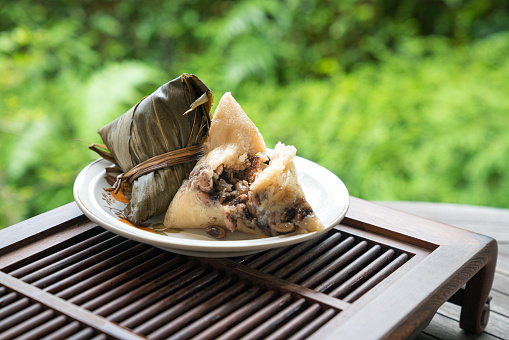 Zongzi. Rice dumpling for Chinese traditional Boat Festival, Duanwu Festival. Copy space.