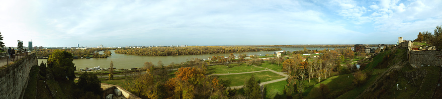 Belgrade, Serbia - December 2, 2023: A breathtaking panoramic view of the Danube River captured from Kalemegdan Fortress, showcasing the serene landscape and autumn hues