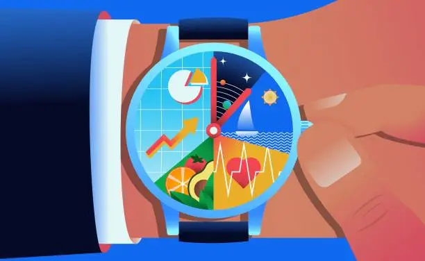 Vector illustration of Man winding watch with sectors of business, health an relaxation