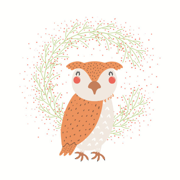 ilustraciones, imágenes clip art, dibujos animados e iconos de stock de búho divertido lindo en marco floral, aislado en blanco - owl baby shower spring young animal