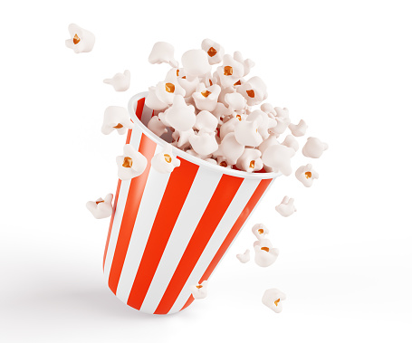 Striped bucket with flying popcorn 3d render icon. Realistic mock up of white and red paper box with pop corn, package for cinema or movie theater. Isolated falling pail with fastfood. 3D illustration