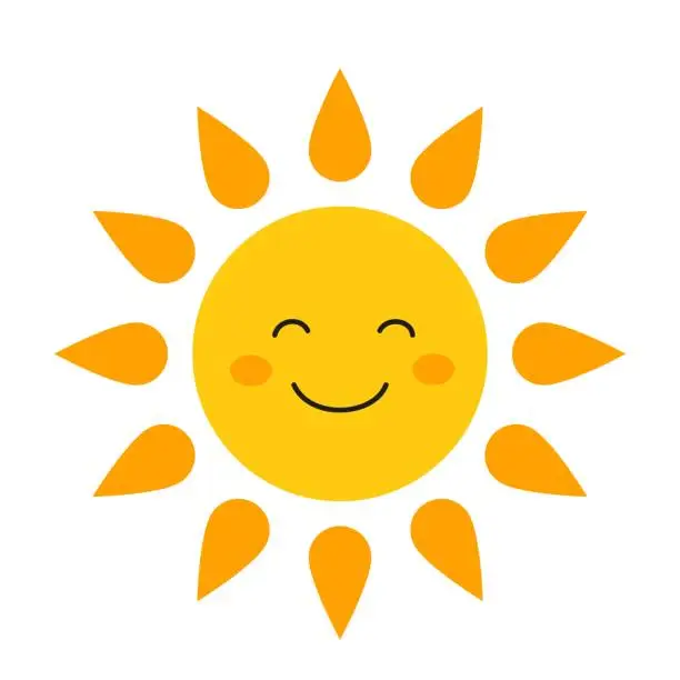 Vector illustration of Cute cartoon sun with happy smiling face in simple kawaii doodle style isolated vector illustration in bright colors. Weather icon or logo clipart design element.