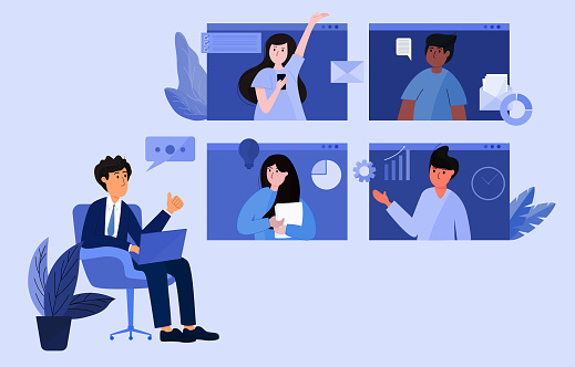 Communication With Boss Boss Talk With Team Office Meeting Via Computer Teamwork Communication ...