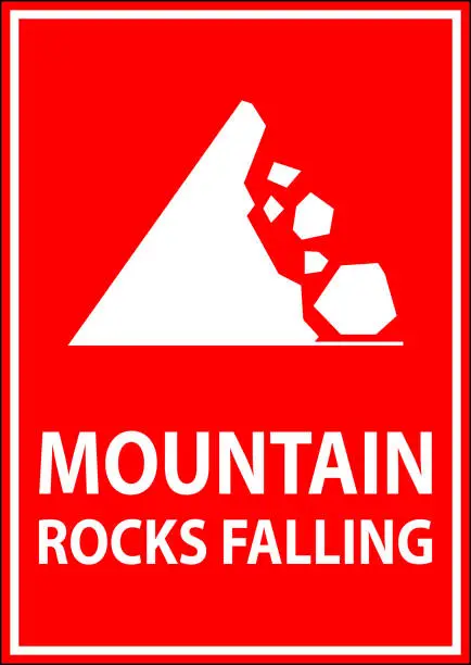 Vector illustration of Road Warning Sign, Mountain Rocks Falling Symbol