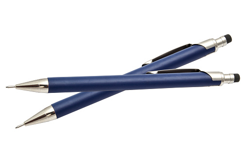 Blue mechanical pencils on white background