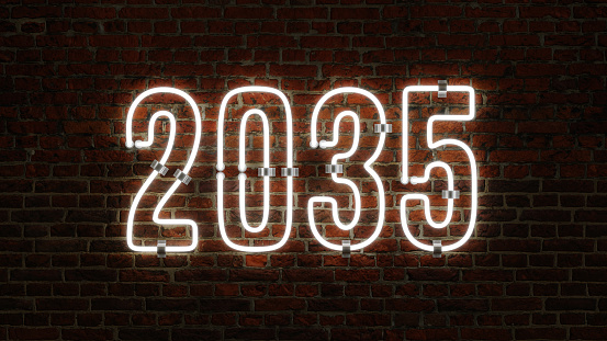 3D 2035 Happy New Year Neon Light Flickering Shining Over a Brick Wall Background