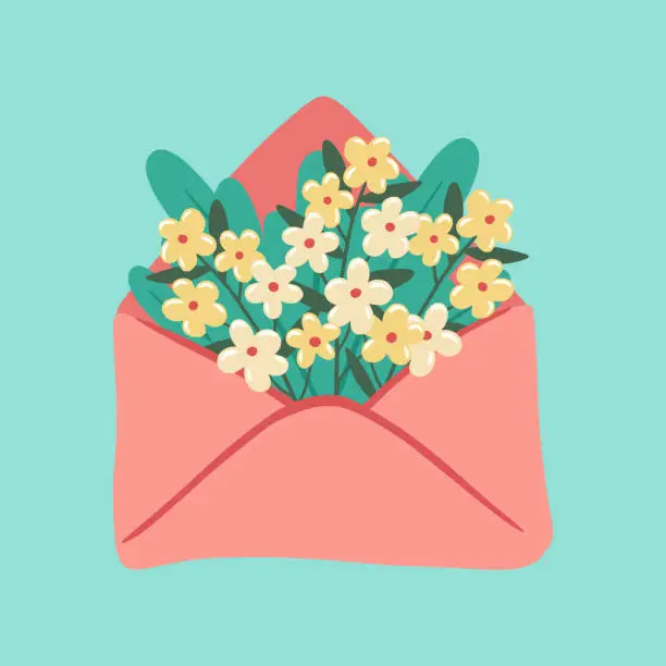 Vector illustration of Illustration of postal envelope with flowers. Letter with flowers. Design for greeting card, invitation, print, sticker. Illustration for birthday, mother's day, valentine's day and woman's day.