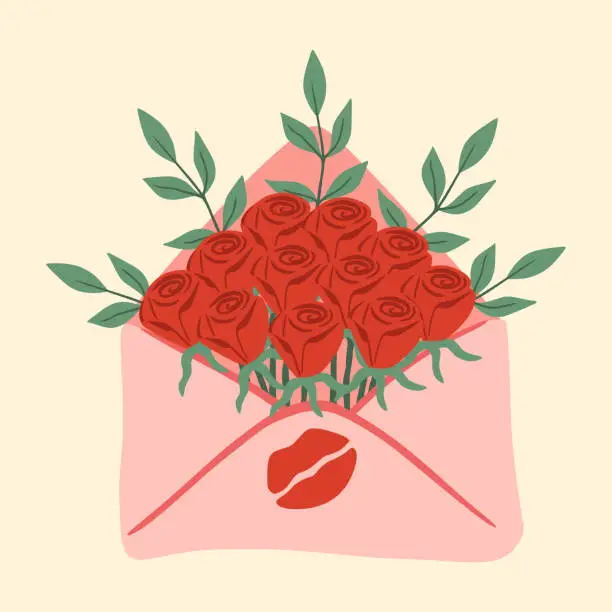 Vector illustration of Illustration of postal envelope with flowers, kiss. Letter with flowers. Design for greeting card, invitation, print, sticker. Illustration for birthday, mother's day, valentine's day and woman's day.