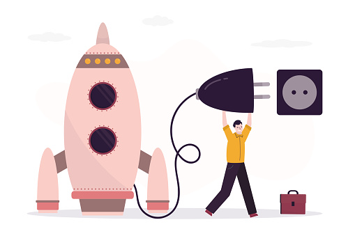 Businessman carry plug and connect spaceship with socket. Preparing to launch new project. Concept of boosting potential, personal development and growth, startup launch. flat vector illustration