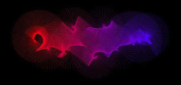 Vector illustration of Neon radiating spiral shape pattern. Abstract spreading rotating lines. Red purple blue spinning circle on black background. Futuristic cloud concept. Digital aurora or moire effect. Vector backdrop