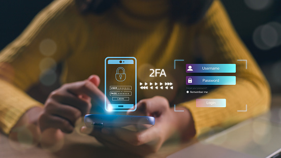 2FA increases the security of your account, a Two-Factor Authentication futuristic virtual interface screen displaying a 2FA concept, Privacy protects data, and cybersecurity.