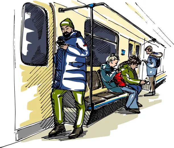 Vector illustration of Scene in the subway car - people ride and look at gadgets while one woman is knitting. Modern life on the go and relaxation. Hand-drawn sketch