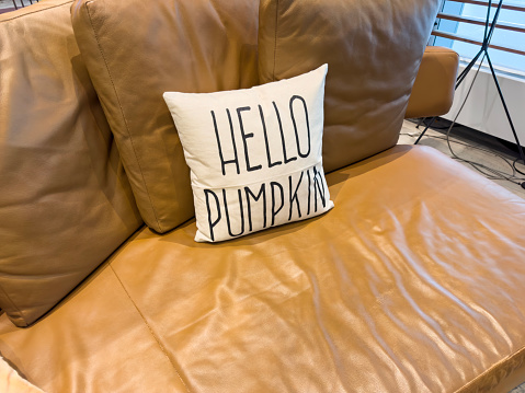 Close up photo of the corner of a large sofa with a pillow
