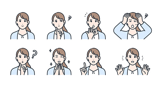 Young business woman facial expression icon illustration set material