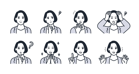 Working middle-aged woman facial expression icon illustration set material