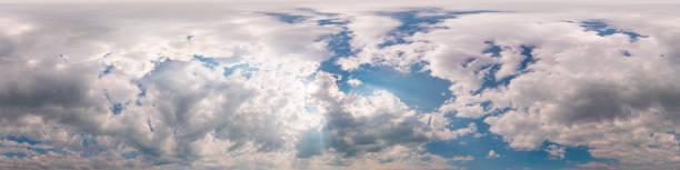 istock Blue summer sky panorama with puffy Cumulus clouds. HDR 360 seamless spherical panorama. Full zenith or sky dome for 3D visualization, sky replacement for aerial drone panoramas. 1989198412
