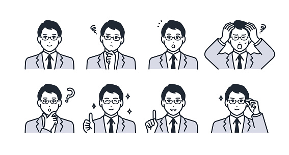 Facial expression icon illustration set material of a young man wearing glasses