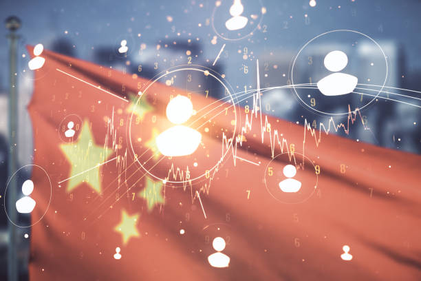 istock Abstract virtual social network concept on Chinese flag and skyline background. Multiexposure 1989207502