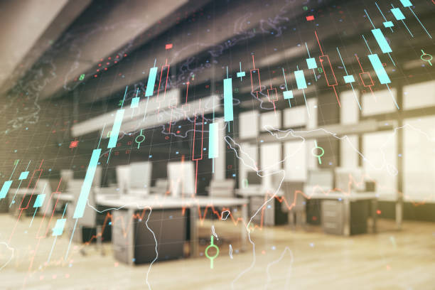 istock Abstract creative financial graph and world map on a modern furnished classroom background, financial and trading concept. Multiexposure 1989210144