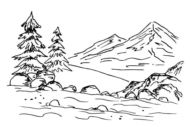 Vector illustration of Rocky river bank, coniferous trees, mountains. Northern nature, wild landscape. Simple vector drawing with black outline. Sketch in ink.