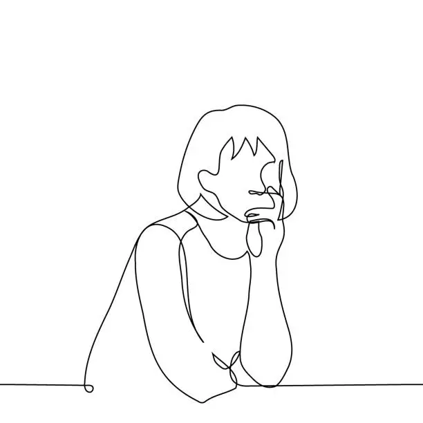 Vector illustration of woman sits leaning her chin on his palm thinking - one line drawing vector. concept reflection, introspection