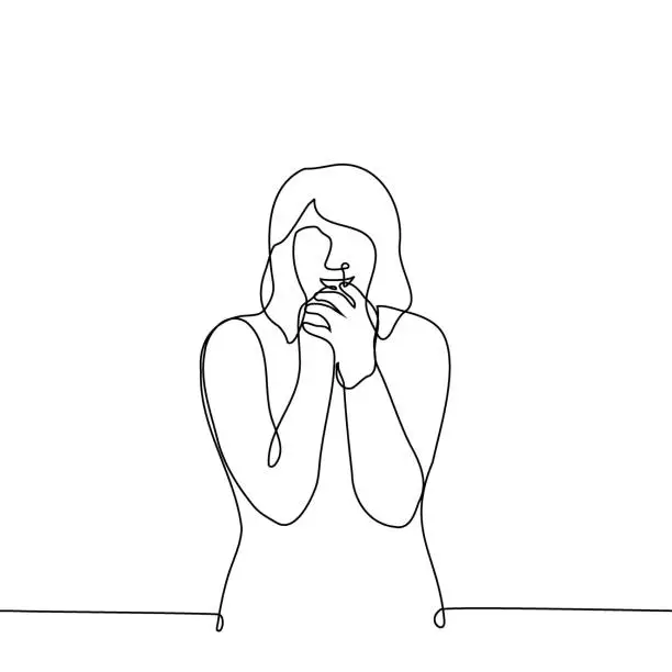 Vector illustration of woman stands excited, raising and folding her hands near her face, she smiles - one line drawing vector. concept thrilling anticipation, thrilled with happiness, joy and foreboding pleasure