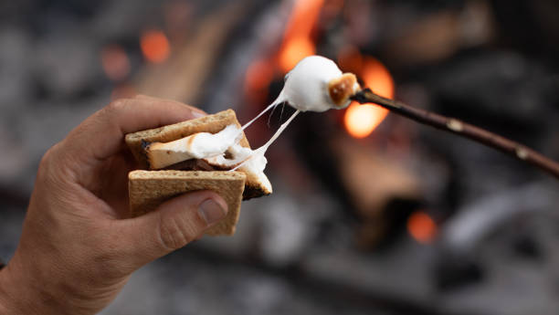istock Men roasting marshmallow enjoying s'more by a campfire. Camping cooking concept. 1989230324