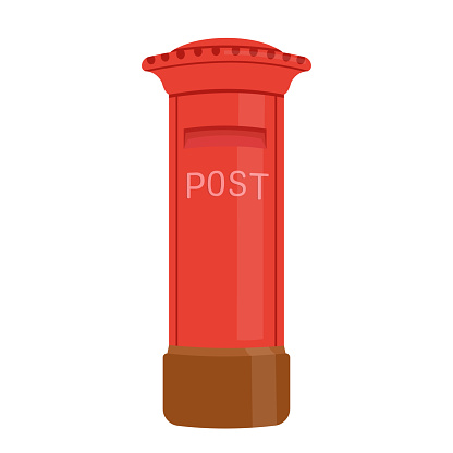 English red post box. Vector cartoon illustration isolated on white
