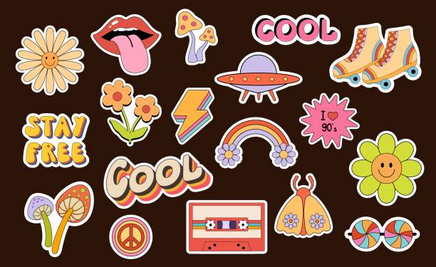 Groovy stickers set with rainbow, lips and flower. Vector flat illustration with trippy lettering. Weird retro graphic 70s and y2k