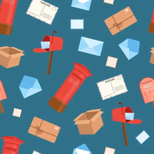 Vector illustration of Seamless watercolor pattern with open and closed envelopes and red post box on dark blue background