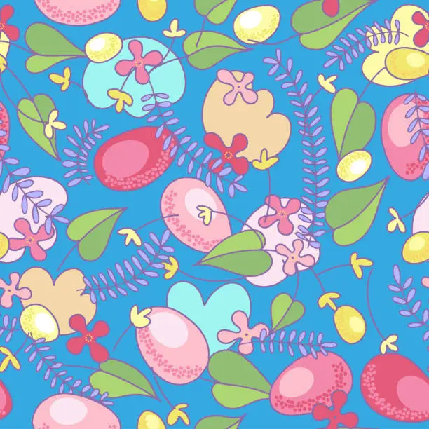 Vector illustration of PrintSeamless Easter pattern - eggs, flowers and leaves on a blue background. Random repeat, seasonal printing