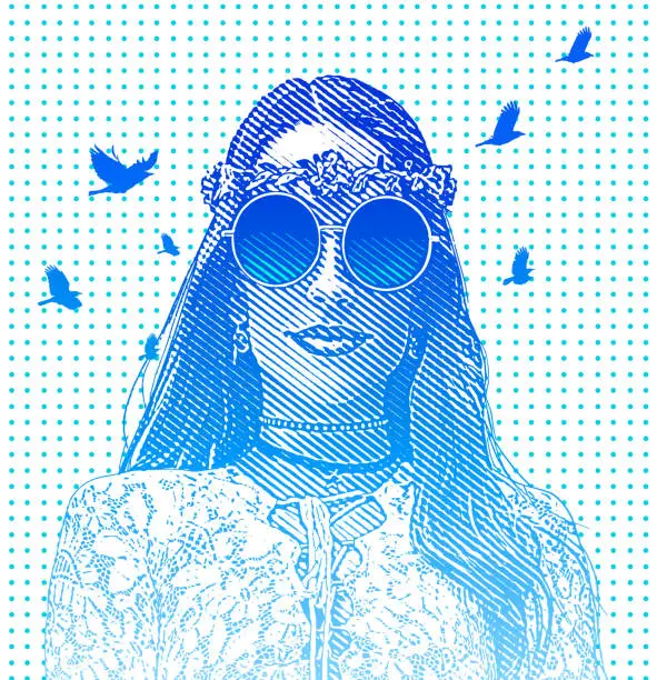 Vector illustration of Multiple Exposure of female hippie and nature