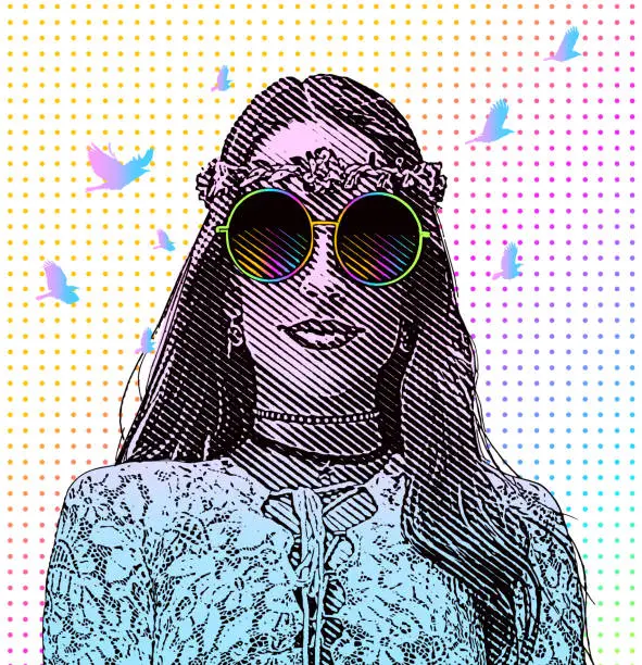 Vector illustration of Multiple Exposure of female hippie and nature
