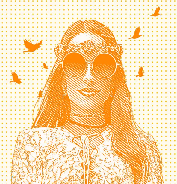 Vector illustration of Multiple Exposure of female hippie and nature
