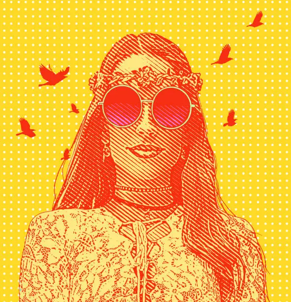 Vector illustration of Multiple Exposure of female hippie and nature