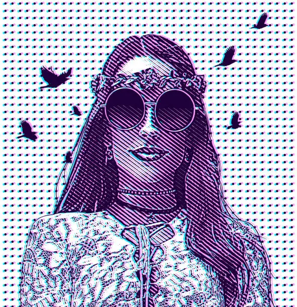 Vector illustration of Multiple Exposure of female hippie and nature with Glitch Technique