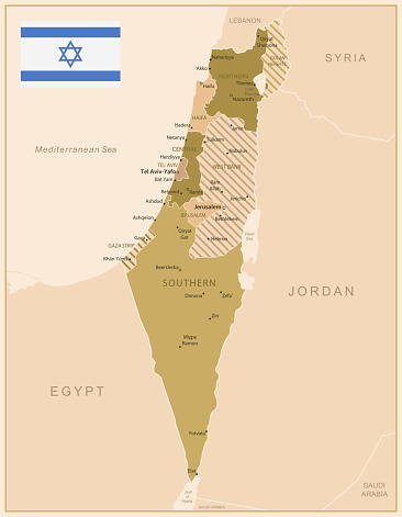 Israel - vintage map of the country in brown-green colors. Vector illustration