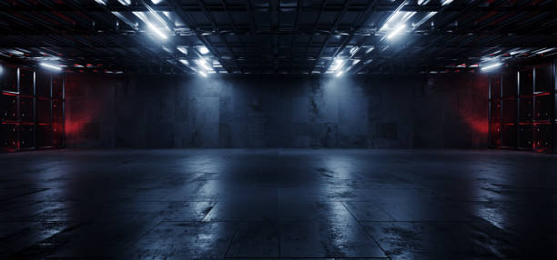 istock Sci Fi Grunge Cement Asphalt Underground Warehouse Tunnel Corridor Garage Basement Alien Metal Plates Showroom Background Realistic Dark Room 3D Rendering 1989316543