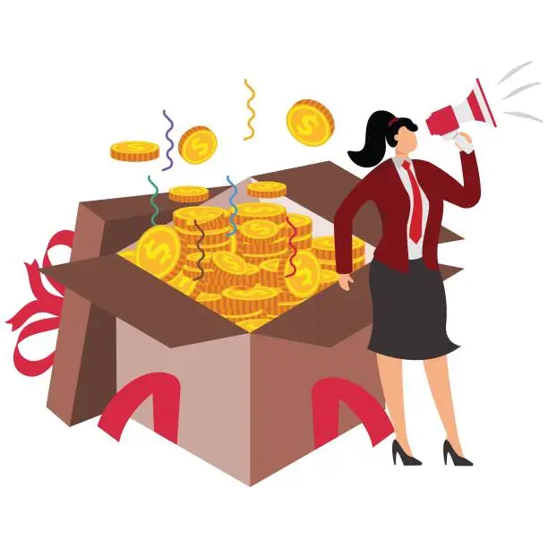 Vector illustration of Happy businesswoman opening a big gift box full of money and announcing through a megaphone