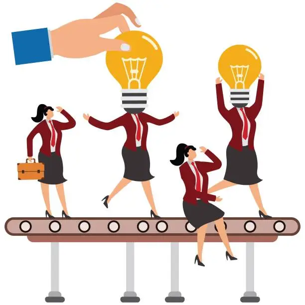 Vector illustration of Giant hand is installing an idea light bulb head for group of businesswomen who are waiting in a row