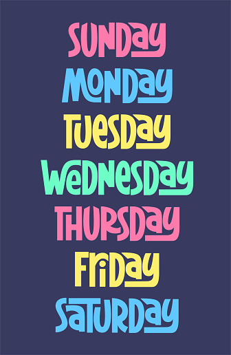 Week Days Text. The Name of the Week Day Hand Lettering. Handwritten Word Sunday, Monday, Tuesday, Wednesday, Thursday, Friday, Saturday. Design Element for Calendar, Week Planner, School Timetable.
