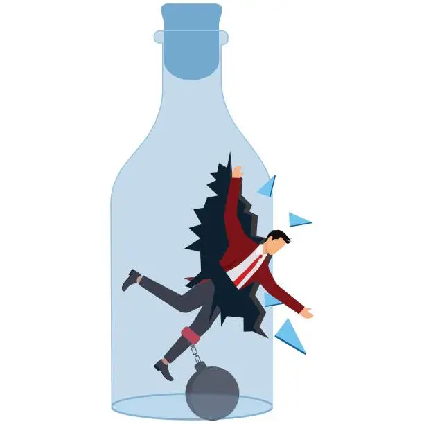 Vector illustration of Businessman trying to escape from a confined space glass bottle with cork airtight container and label